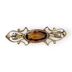 Antique Art Nouveau Bar Brooch Topaz Glass Gem Floral Gold Plated 1910s Vtg FLAW